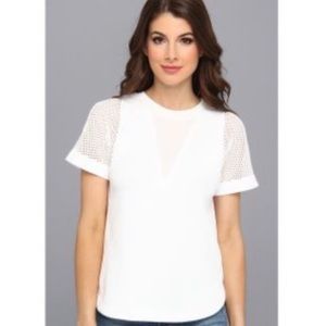 REBECCA TAYLOR Small White Textured Mesh Crewneck Short Sleeve Tee Tennis Core